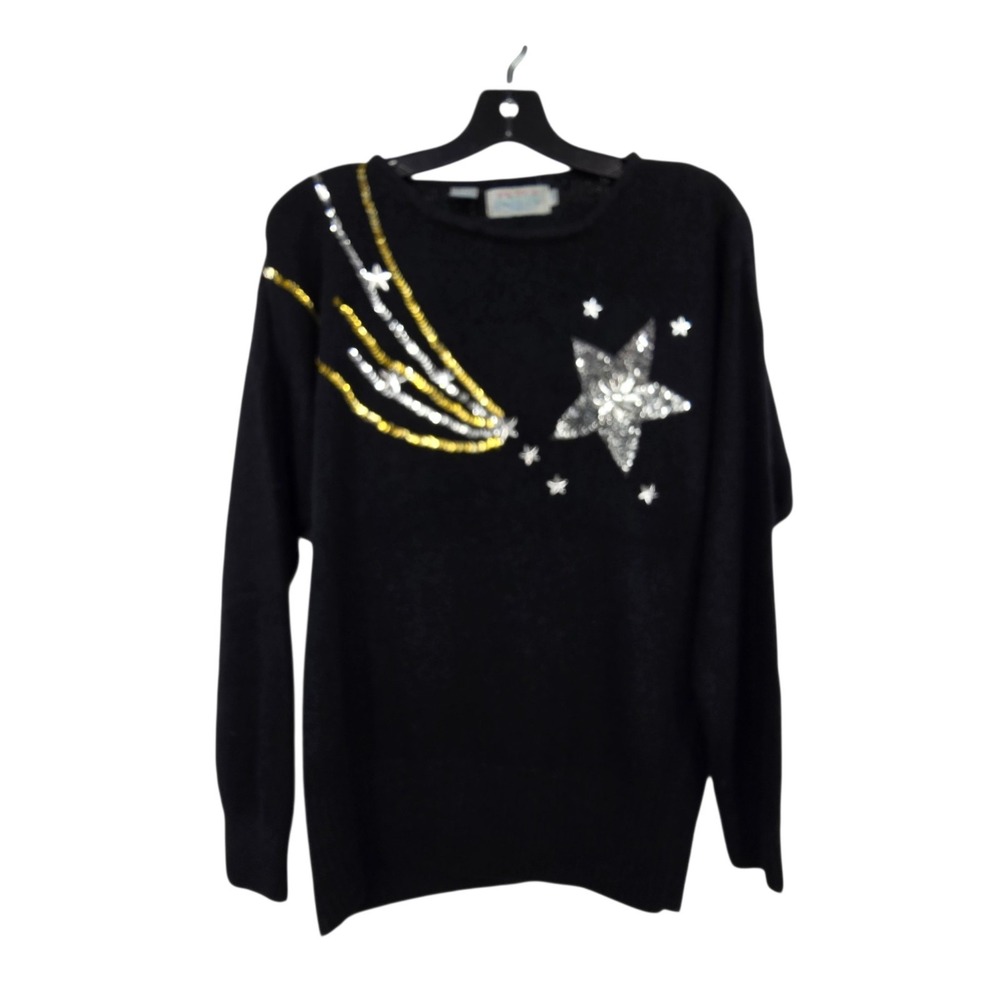Vintage 90s Y2K Shooting Stars Sequin Sweater Womens M Black Gold Silver Party